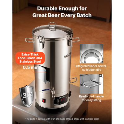 Ηλεκτρικό σύστημα ζυθοποίησης VEVOR, οικιακή μηχανή ζυθοποίησης μπύρας 8 γαλονιών/30 λίτρων, σώμα από ανοξείδωτο ατσάλι 304, συσκευή βρασμού με ενσωματωμένο εσωτερικό βαρέλι και ενισχυμένη λαβή, θερμοκρασία 25-100℃