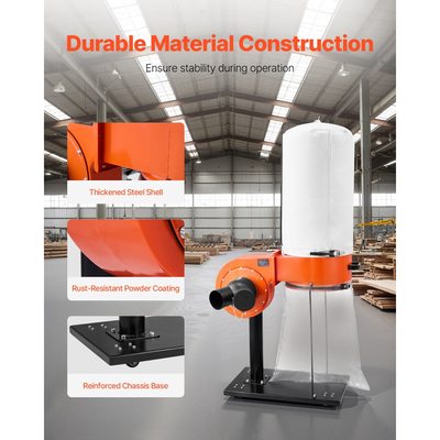 Συλλέκτης σκόνης VEVOR, Συλλέκτες σκόνης κώνου Vortex 800 CFM 2,5 Micron, Σύστημα συλλογής πριονιδιού 1HP με σακούλα συλλογής σκόνης 60L, σακούλα φίλτρου και ροδάκια, υψηλής ταχύτητας 2800 RPM, για ξυλουργική