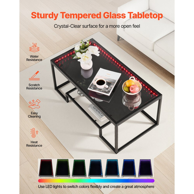 Τραπεζάκι σαλονιού VEVOR, Μοντέρνο τραπεζάκι σαλονιού από σκληρυμένο γυαλί με φωτισμό, Ορθογώνιο κεντρικό γραφείο 2 επιπέδων από γυαλί με ανοιχτό αποθηκευτικό χώρο, Μινιμαλιστικό μεταλλικό γραφείο με διακοσμητική διακόσμηση για σαλόνι, Γραφείο, Εύκολη συναρμολόγηση