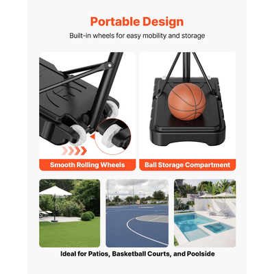 Φορητή βάση μπάσκετ VEVOR, μπασκέτα μπάσκετ με ρύθμιση ύψους 1,6 έως 2,1 μ. & τέρμα, ρυθμιζόμενη μπασκέτα μπάσκετ για παιδιά με νάιλον δίχτυ & ρόδες, φορητό σετ ταμπλό για βεράντες, δίπλα στην πισίνα