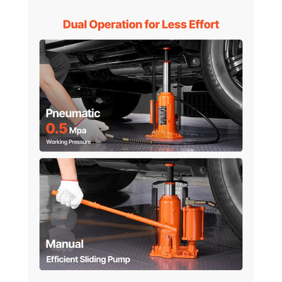 Υδραυλικός γρύλος μπουκαλιών VEVOR Air, μέγιστης χωρητικότητας 12 τόνων, εύρος ανύψωσης 265-505 mm, πνευματικός/χειροκίνητος γρύλος μπουκαλιών βαρέως τύπου με χειροκίνητη αντλία για SUV, Pick-up, φορτηγό και επισκευή αυτοκινήτων, πορτοκαλί