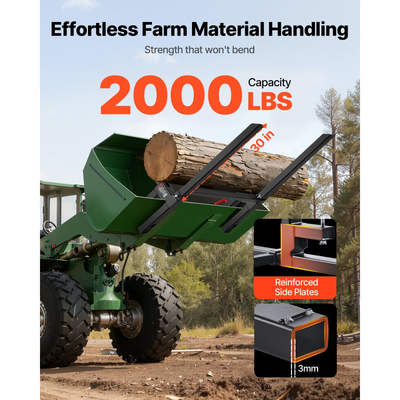 Πιρούνια παλετών VEVOR, πιρούνια παλετών με σφιγκτήρα 907 kg, πιρούνι τρακτέρ βαρέως τύπου συνολικού μήκους 109 cm με ρυθμιζόμενη ράβδο σταθεροποίησης για εξαρτήματα τρακτέρ, κάδο φορτωτή και σύστημα διεύθυνσης ολίσθησης, μαύρο