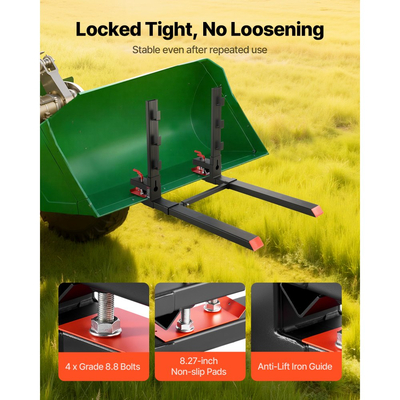 Πιρούνια παλετών VEVOR, πιρούνια παλετών με σφιγκτήρα 1814 kg, πιρούνι τρακτέρ βαρέως τύπου συνολικού μήκους 149 cm με αντικριστή ράβδο και ρυθμιζόμενη ράβδο σταθεροποίησης, κατάλληλο για τρακτέρ με κουβά φορτωτή και σύστημα διεύθυνσης, μαύρο