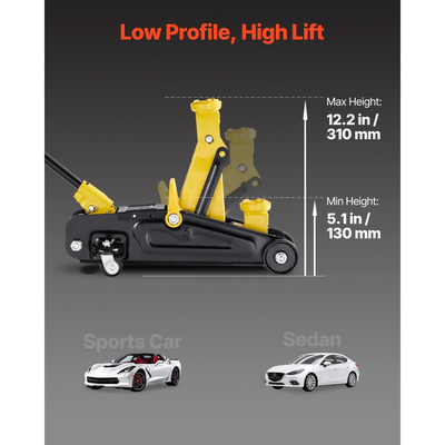 Γρύλος δαπέδου χαμηλού προφίλ VEVOR, χωρητικότητας 1,5 τόνων, ατσάλινος αγωνιστικός γρύλος δαπέδου με αντλία γρήγορης ανύψωσης ενός εμβόλου, θήκη αποθήκευσης, υδραυλικός ανυψωτήρας καροτσιού για σπορ αυτοκίνητα, σεντάν, εύρος ανύψωσης 130-310 mm