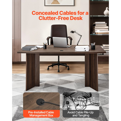 Γραφείο VEVOR 63 ιντσών, Μεγάλο Μοντέρνο Ορθογώνιο Τραπέζι Γραφείου, Βαρέως Τύπου Ξύλινο Τραπέζι Διευθυντών με Οπή Σύνδεσης Καλωδίου, Χωρητικότητα Φόρτισης 113 KG, Εύκολη Συναρμολόγηση, για Συγγραφή Εργασιών και Μελετών, Καρυδιά