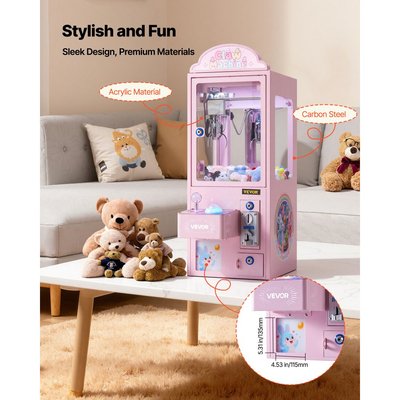 Μηχανή γερανού VEVOR Claw, μεσαίου μεγέθους μηχανή παιχνιδιών arcade με φως και ήχο, ρυθμιζόμενες ατσάλινες δαγκάνες, ακριβές παιχνίδι καραμελών, διανομέας βραβείων, για εμπορικά πάρτι στο σπίτι, κινηματογράφος, ροζ