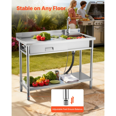 Νιπτήρας κουζίνας VEVOR από ανοξείδωτο χάλυβα, κυλιόμενος μονός νιπτήρας κουζίνας με συρτάρι, βρύση και σωλήνα ζεστού και κρύου νερού, νιπτήρας γενικής χρήσης για γκαράζ, εστιατόριο, πλυντήριο, 1200 x 500 x 940 mm
