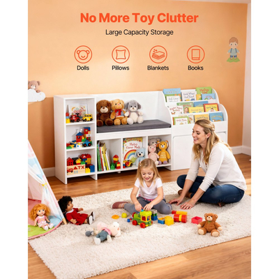 VEVOR Παιδική Γωνιά Ανάγνωσης, Ξύλινος Πάγκος Αποθήκευσης με Πλάτη, Παιδική Βιβλιοθήκη & Οργανωτής Παιχνιδιών, Μεγάλο Σεντούκι Παιχνιδιών για Playroom, Σαλόνι ή Είσοδο, Εύκολη Συναρμολόγηση, 1700 x 400 x 800 mm, Λευκό