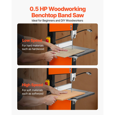 Πριονοκορδέλα VEVOR, 254 mm, Πριονοκορδέλα δύο ταχυτήτων πάγκου με κινητήρα 373W 1/2 HP, μέγιστο ύψος κοπής 160 mm, τραπέζι από χυτοσίδηρο 335 x 340 mm, με φως εργασίας 360°, μετρητή γωνιακής κλίσης, περίφραξη, πριονοκορδέλα για ξυλουργική