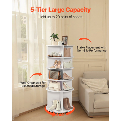 VEVOR 5 επιπέδων περιστρεφόμενος πύργος παπουτσιών, περιστρεφόμενη παπουτσοθήκη 360°, περιστρεφόμενη στρογγυλή καρουζέλ αποθήκευσης, ανεξάρτητη οργανωτική βιτρίνα Lazy Susan για υπνοδωμάτιο, σαλόνι, είσοδο, ντουλάπα, λευκό