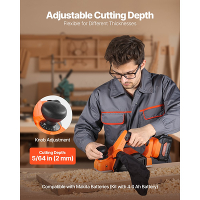 Ασύρματη πλάνη χειρός VEVOR, πλάτος κοπής 82 mm, ηλεκτρική πλάνη χειρός ξύλου 15000 σ.α.λ. με μπαταρία λιθίου 4 Ah 18V, κινητήρα χωρίς ψήκτρες, ρυθμιζόμενο βάθος κοπής, σακούλα συλλογής σκόνης, για ξυλουργική