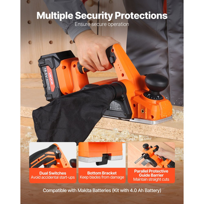 Ασύρματη πλάνη χειρός VEVOR, πλάτος κοπής 82 mm, ηλεκτρική πλάνη χειρός ξύλου 15000 σ.α.λ. με μπαταρία λιθίου 4 Ah 18V, κινητήρα χωρίς ψήκτρες, ρυθμιζόμενο βάθος κοπής, σακούλα συλλογής σκόνης, για ξυλουργική