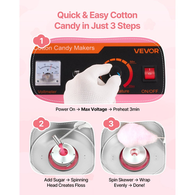 Ηλεκτρική μηχανή για μαλλί της γριάς VEVOR, Επαγγελματική μηχανή για μαλλί της γριάς 1000W με κάλυμμα, Επαγγελματική μηχανή για μαλλί της γριάς με μπολ από ανοξείδωτο ατσάλι και κουτάλα ζάχαρης, ιδανική για καρναβάλι, γενέθλια, οικογενειακό πάρτι, ροζ