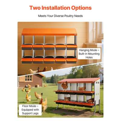 VEVOR Κουτιά φωλιάς για κοτόπουλα, 10 διαμερίσματα, με πόδια στήριξης, εύκολη συλλογή αυγών, γαλβανισμένο ατσάλι και πλαστικό υψηλής αντοχής, ρολαρισμένα κουτιά φωλιάς για κοτόπουλα και κότες που γεννούν αυγά, πορτοκαλί