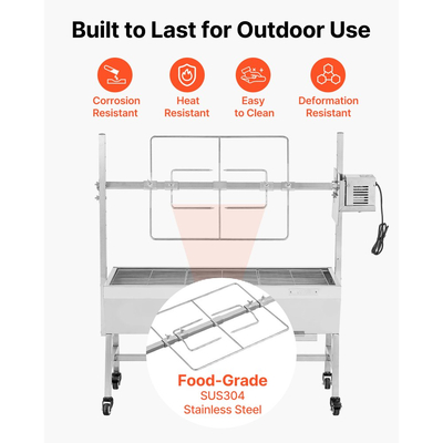 Ψησταριά VEVOR, Σούβλα για χοιρινό και αρνί 38W BBQ εξωτερικού χώρου, Ψησταριά για σούβλα κάρβουνου με χωρητικότητα 60 kg, ρόδες και ύψος 7 επιπέδων, Κιτ ηλεκτρικής σούβλας από ανοξείδωτο ατσάλι για κάμπινγκ εξωτερικού χώρου