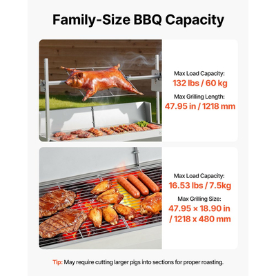 Ψησταριά VEVOR, Σούβλα για χοιρινό και αρνί 38W BBQ εξωτερικού χώρου, Ψησταριά για σούβλα κάρβουνου με χωρητικότητα 60 kg, ρόδες και ύψος 4 επιπέδων, Κιτ ηλεκτρικής σούβλας από ανοξείδωτο ατσάλι για κάμπινγκ εξωτερικού χώρου