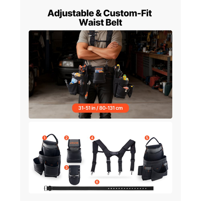 Ζώνη εργαλείων VEVOR, θήκη εργαλείων 19 τσεπών με αναρτήσεις για άνδρες, τσάντα εργασίας ζώνης βαρέως τύπου ρυθμιζόμενη, αποσπώμενη ανάρτηση για ηλεκτρολόγο, ξυλουργό, κατασκευές, ρύθμιση μέσης 80-131 cm