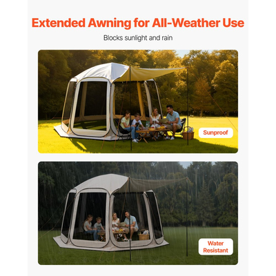 Σκηνή VEVOR με Σίτες, 3660 x 3380 x 2300 mm, Σκηνή με Αναδυόμενο Σίτες 10-12 Ατόμων με Εκτεταμένη Τέντα, Φορητή με Σίτες σε Στέγαστρο με Τσάντα Μεταφοράς, Διχτυωτά Πλαϊνά, για Βεράντα, Υπαίθριες Δραστηριότητες, Μπεζ