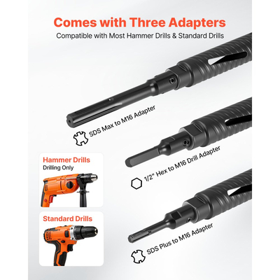 Τρυπάνι VEVOR με πυρήνα, διάμετρος 38 mm, βάθος τρυπήματος 241 mm, εσωτερικό σπείρωμα M16, διαμαντένιο τρυπάνι ξηρής διάτρησης με 3 προσαρμογείς, τρυπάνι πιλότου και εξαγωνικό κλειδί, για οπλισμένο σκυρόδεμα, κόκκινα τούβλα και τοιχοποιία