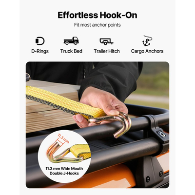 Ιμάντες καστάνιας VEVOR, 50,8 mm x 9,1 m, Ιμάντες πρόσδεσης βαρέως τύπου με διπλό γάντζο J, αντοχή σε θραύση 4536 kg, Δέσιμο με καστάνια για μετακίνηση, ρυμουλκούμενα, μοτοσικλέτες, καγιάκ, οροφή αυτοκινήτου, 10 τεμάχια