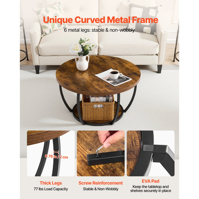 Τραπεζάκι Σαλονιού VEVOR, Μοντέρνο Στρογγυλό Τραπεζάκι Σαλονιού, 2 Επίπεδα Ξύλινο Κυκλικό Κεντρικό Γραφείο με Ανοιχτό Χώρο Αποθήκευσης, Μινιμαλιστικό Ανθεκτικό Μεταλλικό Πλαίσιο με Έξτρα Γραφείο για Σαλόνι, Γραφείο, Εύκολη Συναρμολόγηση, Ρουστίκ Καφέ