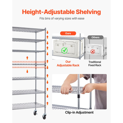 Ράφι αποθήκευσης κάδων VEVOR 7 επιπέδων με ρολό, 22 κάδοι οργάνωσης, σύστημα ραφιών από χάλυβα και συρματόσχοινο με ρόδες, κινητός οργανωτής εργαλείων για γκαράζ, αποθήκη, γραφείο, εστιατόριο, τάξη, κουζίνα