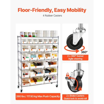 Ράφι αποθήκευσης κάδων VEVOR 7 επιπέδων με ρολό, 26 κάδοι οργάνωσης, σύστημα ραφιών από χάλυβα και συρματόσχοινο με ρόδες, κινητός οργανωτής εργαλείων για γκαράζ, αποθήκη, γραφείο, εστιατόριο, τάξη, κουζίνα