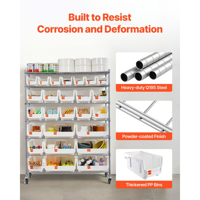 Ράφι αποθήκευσης κάδων VEVOR 7 επιπέδων με ρολό, 26 κάδοι οργάνωσης, σύστημα ραφιών από χάλυβα και συρματόσχοινο με ρόδες, κινητός οργανωτής εργαλείων για γκαράζ, αποθήκη, γραφείο, εστιατόριο, τάξη, κουζίνα