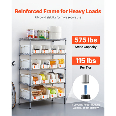 Ράφι αποθήκευσης κάδων VEVOR 5 επιπέδων με ρολό, 16 κάδοι οργάνωσης, σύστημα ραφιών από χάλυβα και συρματόσχοινο με ρόδες, κινητός οργανωτής εργαλείων για γκαράζ, αποθήκη, γραφείο, εστιατόριο, τάξη, κουζίνα