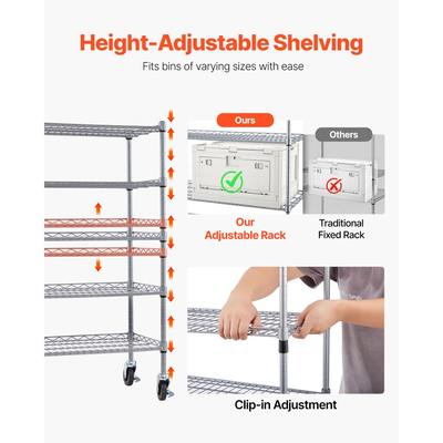 Ράφι αποθήκευσης κάδων VEVOR 5 επιπέδων με ρολό, 16 κάδοι οργάνωσης, σύστημα ραφιών από χάλυβα και συρματόσχοινο με ρόδες, κινητός οργανωτής εργαλείων για γκαράζ, αποθήκη, γραφείο, εστιατόριο, τάξη, κουζίνα
