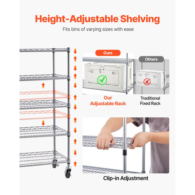 Ράφι αποθήκευσης κάδων VEVOR 5 επιπέδων με ρολό, 12 κάδοι οργάνωσης, σύστημα ραφιών από χάλυβα και συρματόσχοινο με ρόδες, κινητός οργανωτής εργαλείων για γκαράζ, αποθήκη, γραφείο, εστιατόριο, τάξη, κουζίνα