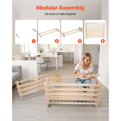 VEVOR 96 Στοιβαζόμενη Ράφι Κρασιού για Μπουκάλια, 8 Επίπεδη Θήκη για Μπουκάλια Κρασιού, Ανεξάρτητη Ράφι Αποθήκευσης Κρασιών από Μασίφ Ξύλινο Δάπεδο για Μπουκάλια Pinot Noir, Για Κουζίνα, Κάβα και Μπαρ, Φυσικό