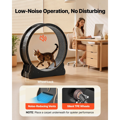 Τροχός άσκησης γάτας VEVOR, Ξύλινος τροχός τρεξίματος γάτας 120 cm για γάτες εσωτερικού χώρου έως 12,7 kg, Διάδρομος για γάτες με διάδρομο με μοκέτα και μηχανισμό κλειδώματος, Ήσυχα αθλητικά παιχνίδια για γατάκια για κατοικίδια, Μαύρο