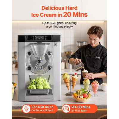 Επαγγελματική μηχανή παγωτού VEVOR, 2000W 12-20L ανά ώρα, επιτραπέζια μηχανή παγωτού για σκληρό παγωτό με κύλινδρο από ανοξείδωτο ατσάλι 304 6L, πάνελ LED αυτόματου καθαρισμού για σνακ μπαρ και εστιατόρια