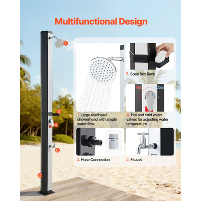 VEVOR 35L Ηλιακό Θερμαινόμενο Ντους, Εξωτερικό Ντους με Ύψος Κεφαλής Ντους 195cm, με Ποδόλουτρο & Στήριγμα Σαπουνοθήκης, Ρύθμιση Ζεστού & Κρύου Νερού, Ελεύθερο για Πισίνα Παραλίας, Μαύρο Ασημί