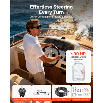 Κιτ υδραυλικού τιμονιού VEVOR, 90 HP, υδραυλικό σύστημα τιμονιού θαλάσσιου σκάφους, με αντλία τιμονιού 6,9 MPa/1000 psi, κύλινδρο κλειδώματος δύο κατευθύνσεων και σωλήνες υψηλής αντοχής 6 m, για χρήση σε μία στάση, με έναν κινητήρα