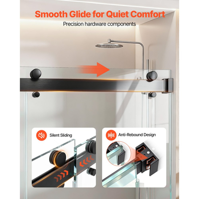 Πόρτα ντους VEVOR χωρίς πλαίσιο, 1219 mm Π x 1930 mm Υ, Συρόμενη γυάλινη πόρτα ντους με διαφανές σκληρυμένο γυαλί πάχους 10 mm, αθόρυβη, ανθεκτική στη θραύση νανοεπίστρωση, με ράγα, ταινία στεγανοποίησης και κιτ εξαρτημάτων