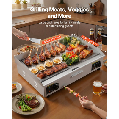 Ηλεκτρική πλάκα ψησίματος VEVOR Commercial, 725 x 400 mm, 4400W, Ρυθμιζόμενη θερμοκρασία 50-300°C, Πάγκος εργασίας από ανοξείδωτο χάλυβα, Μισό αυλάκι Μισό επίπεδος, με 2 σπάτουλες και 2 βούρτσες, για μπριζόλα, τηγανίτες