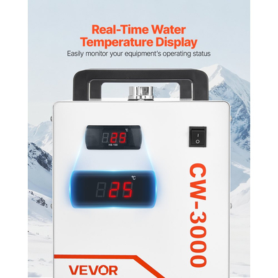 Βιομηχανικός ψύκτης νερού VEVOR, CW-3000, Σύστημα ψύξης βιομηχανικού ψύκτη νερού με χωρητικότητα δεξαμενής 9 λίτρων, μέγιστη ροή 10 λίτρα/λεπτό, Ψυκτική μηχανή με ανεμιστήρα υψηλής ταχύτητας, για μηχανή χάραξης και κοπής με λέιζερ 65W