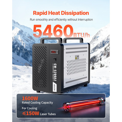 Βιομηχανικός Ψύκτης Νερού VEVOR, 1600W, Βιομηχανικό Σύστημα Ψύξης Ψύκτη Νερού με Συμπιεστή, Μέγιστη Ροή 16 L/min, Χωρητικότητα Δεξαμενής 7 L, Ψύκτης Laser, για Μηχανή Χάραξης & Κοπής Σωλήνων Laser CO2
