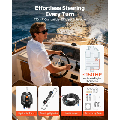 Κιτ υδραυλικού τιμονιού VEVOR, 150 HP, υδραυλικό σύστημα τιμονιού θαλάσσιου σκάφους, με αντλία τιμονιού 6,9 MPa/1000 psi, κύλινδρο κλειδώματος δύο κατευθύνσεων και σωλήνες υψηλής αντοχής 7,32 m, για χρήση σε έναν σταθμό με έναν κινητήρα