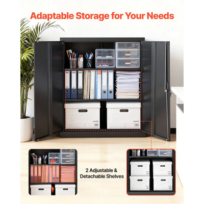 Μεταλλικό ντουλάπι αποθήκευσης VEVOR, μεταλλικό ντουλάπι γκαράζ 106 cm με 2 ρυθμιζόμενα ράφια, 2 μαγνητικές πόρτες και 2 κλειδιά, 3 επίπεδα αποθήκευσης εργαλείων με κλειδαριά για ντουλάπι τροφίμων, αποθήκη, υπόγειο, γραφείο, μαύρο