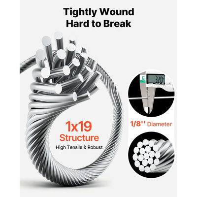 Συρματόσχοινο VEVOR 3,2 mm, μήκος 152 m, καλώδιο από ανοξείδωτο χάλυβα 316 με κόφτη, αντοχή σε θραύση 798 kg, κατασκευή 1 x 19 κλώνων, χαλύβδινο καλώδιο για σύστημα κιγκλιδωμάτων καταστρώματος, πέργκολα κήπου