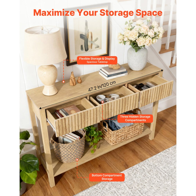 Τραπέζι κονσόλας VEVOR 120 cm, Γραφείο αγροικίας πίσω από τον καναπέ με συρτάρια και κάτω ράφι αποθήκευσης, Ξύλινο ορθογώνιο στενό τραπεζάκι εισόδου για διάδρομο, υπνοδωμάτιο, σαλόνι, φουαγιέ, Burlywood