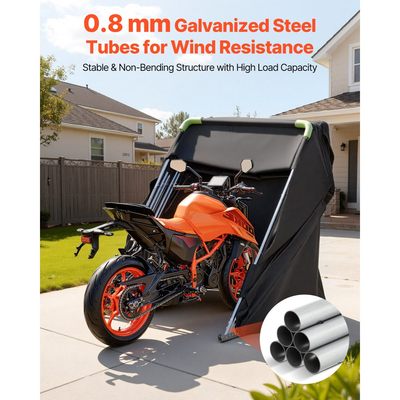 Στέγαστρο αποθήκευσης μοτοσικλέτας VEVOR με κλειδαριά ασφαλείας, σκηνή γκαράζ Oxford Flip-Up 600D, κάλυμμα μοτοσικλέτας βαρέως τύπου για όλες τις καιρικές συνθήκες με παράθυρα εξαερισμού, στέγαστρο οχήματος εξωτερικού χώρου 279x109,5x160 cm, μαύρο