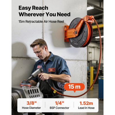 Ανασυρόμενο καρούλι λάστιχου αέρα VEVOR, υβριδικός λάστιχο αέρα 15m x 9,5mm, μέγιστος 300PSI, καρούλι λάστιχων αεροσυμπιεστή με αυτόματη επανατύλιξη και είσοδο 1,52m, τοποθέτηση σε οροφή/τοίχο, βαρέως τύπου, διπλός βραχίονας από χάλυβα