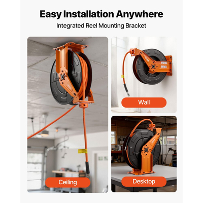Ανασυρόμενο καρούλι λάστιχου αέρα VEVOR, υβριδικός λάστιχο αέρα 15m x 9,5mm, μέγιστος 300PSI, καρούλι λάστιχων αεροσυμπιεστή με αυτόματη επανατύλιξη και είσοδο 1,52m, τοποθέτηση σε οροφή/τοίχο, βαρέως τύπου, διπλός βραχίονας από χάλυβα