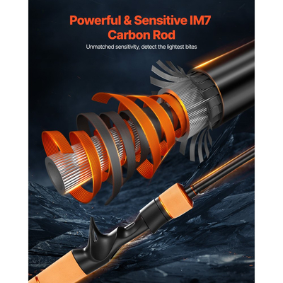 Συνδυασμός καλαμιού και μηχανισμού ψαρέματος VEVOR, συνδυασμός καλαμιού και μηχανισμού Baitcasting IM7 από ανθρακονήματα, καλάμι ψαρέματος λαβρακιού με σύστημα BB 6+1, αναλογία ταχύτητας 7.0:1, λαβή από φελλό, οδηγοί από ανοξείδωτο ατσάλι με κεραμικούς δακτυλίους