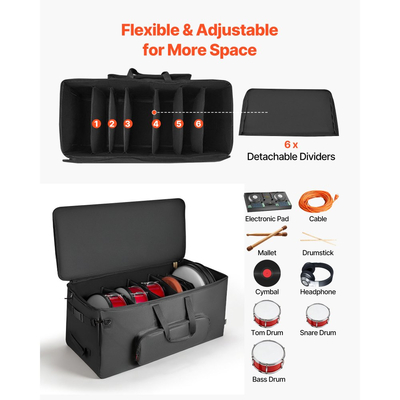 Τσάντα για ηλεκτρονικά ντραμς VEVOR, 600D, με επένδυση για ντραμς και ρόδες, μεγάλο εσωτερικό 920 x 420 x 410 mm, ελαφριά θήκη ταξιδιού με αποσπώμενα διαχωριστικά και πολλαπλές τσέπες, για ηλεκτρικά ντραμς, μαύρη
