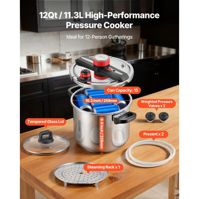 Χύτρα ταχύτητας VEVOR, Χύτρα ταχύτητας 11,3L από ανοξείδωτο ατσάλι, Δοχείο πίεσης με σχάρα ατμού, Καπάκι από σκληρυμένο γυαλί, Τρεις ρυθμίσεις πίεσης για κρέας, φασόλια, ρύζι, σούπα, σάλτσες, Μαγείρεμα έως 100 kPa